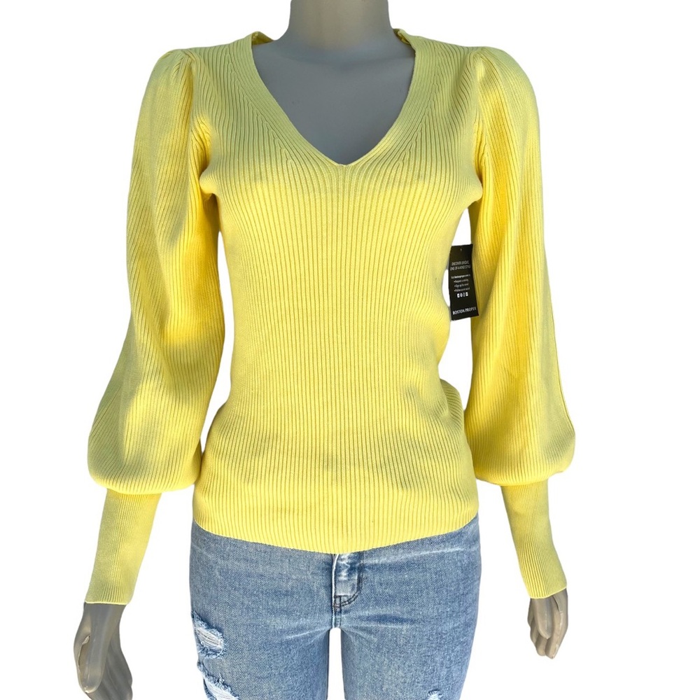 $79.50 Boston Proper Yellow Puff Sleeve Sweater Size Medium Luxe Feel
